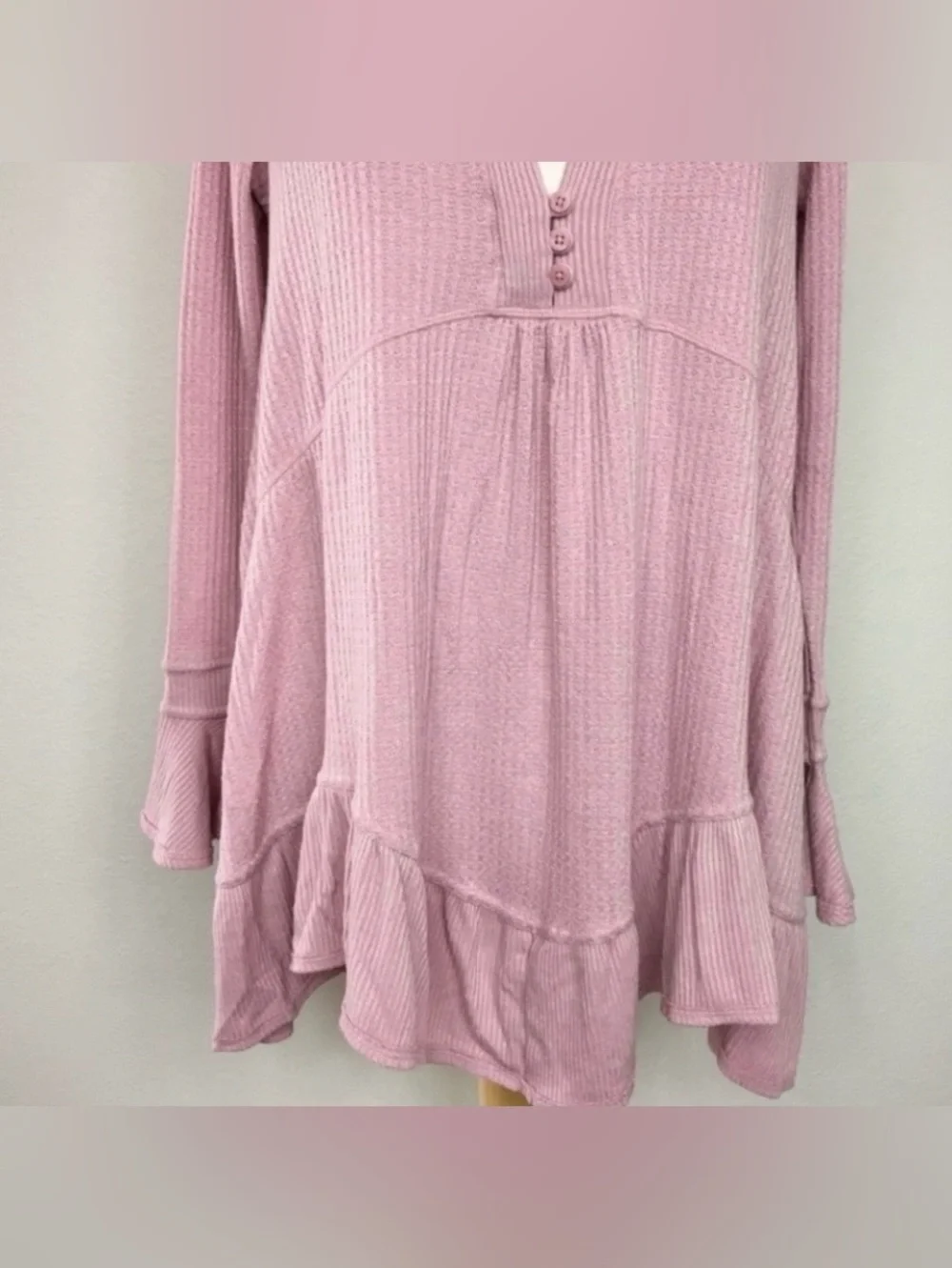 Free People Womens Pink Blush Waffle Knit Tiered Tunic XS Cottagecore Coastal